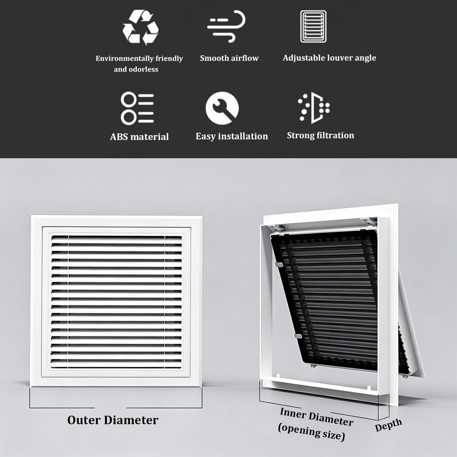 Griglia di ventilazione quadrata, a lamelle, con schermo rimovibile