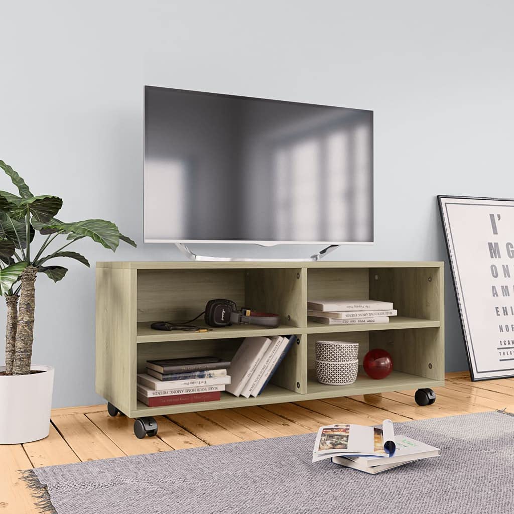 vidaXL Mueble TV con Ruedas Contrachapada Color Roble Sonoma 90x35x35cm Soporte Accesorios Centro Entretenimiento y Multimedia Diseño Moderno Práctico