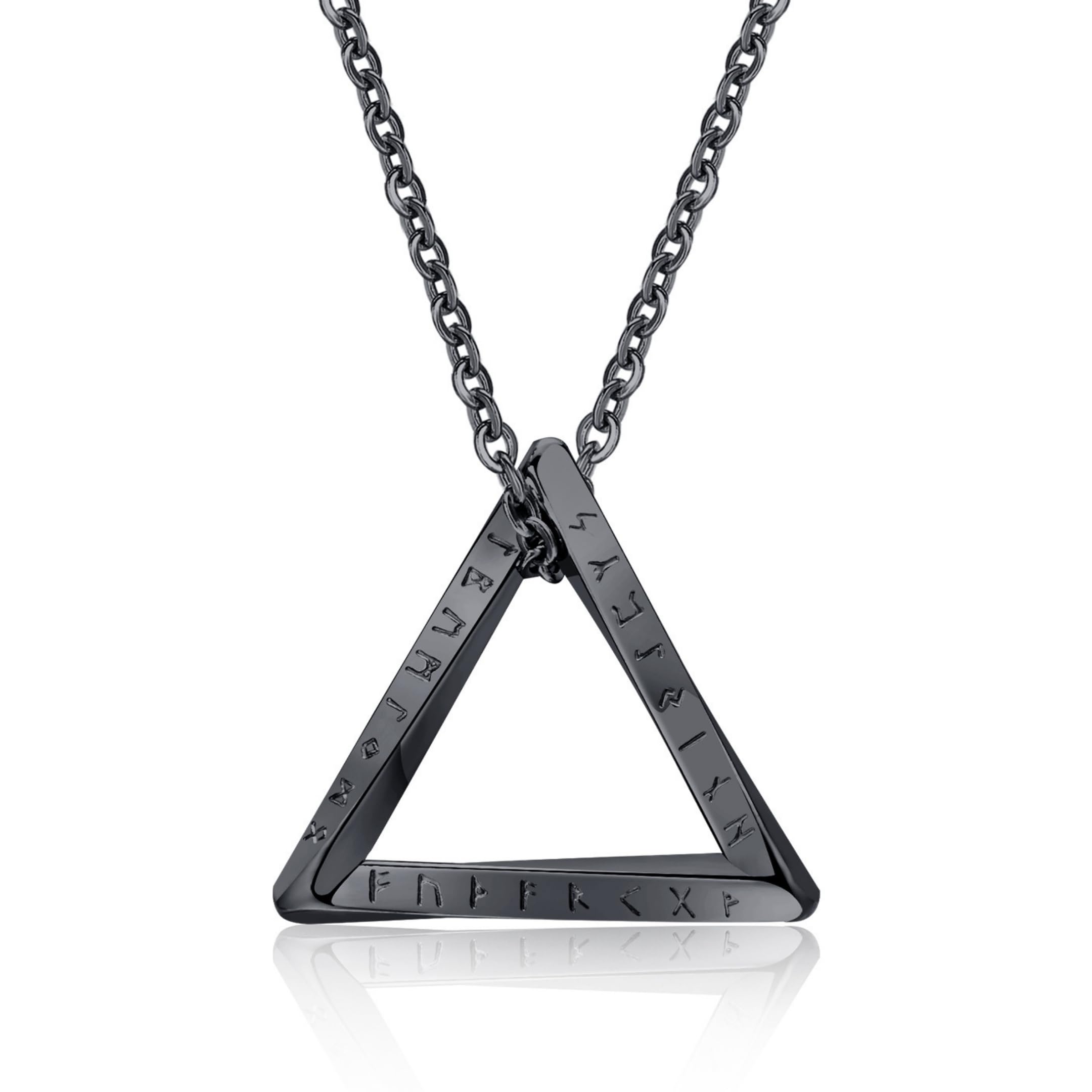 Unique Viking Stainless Steel Necklace, Twisted Triangle Pendant with Viking symbols for Men, Premium Stainless Steel Chain in Black & Silver - Unisex Charm Accessory - Gift Idea for Men (B- Triangle)