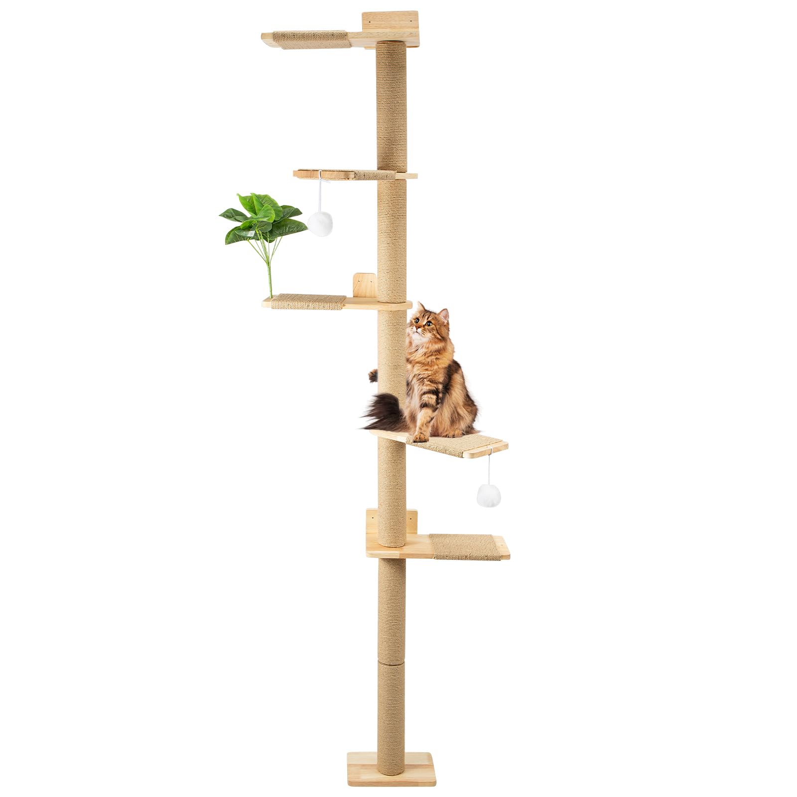 YORKING Cat Tree 206 cm Natural Rubber Wood, 5 Levels Wall Mounted Cat Tree with Widened Base, Plush Balls, 360° Rotatable, XXL Climbing Tree for Cats, for Climbing, Scratching