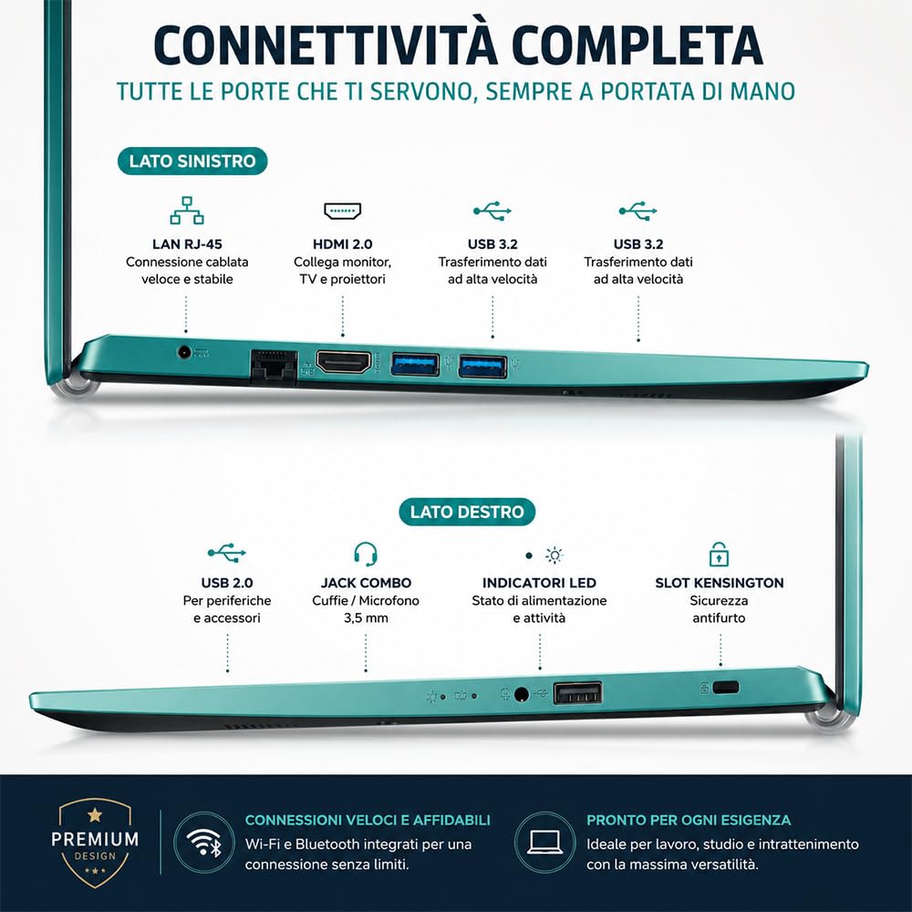 Acer Notebook Ultraleggero Intel N 6000 4 Core, Display FHD 15,6" | SSD M2 PCi 256GB, RAM 8GB DDR4, Pronto all'uso, Libre Office