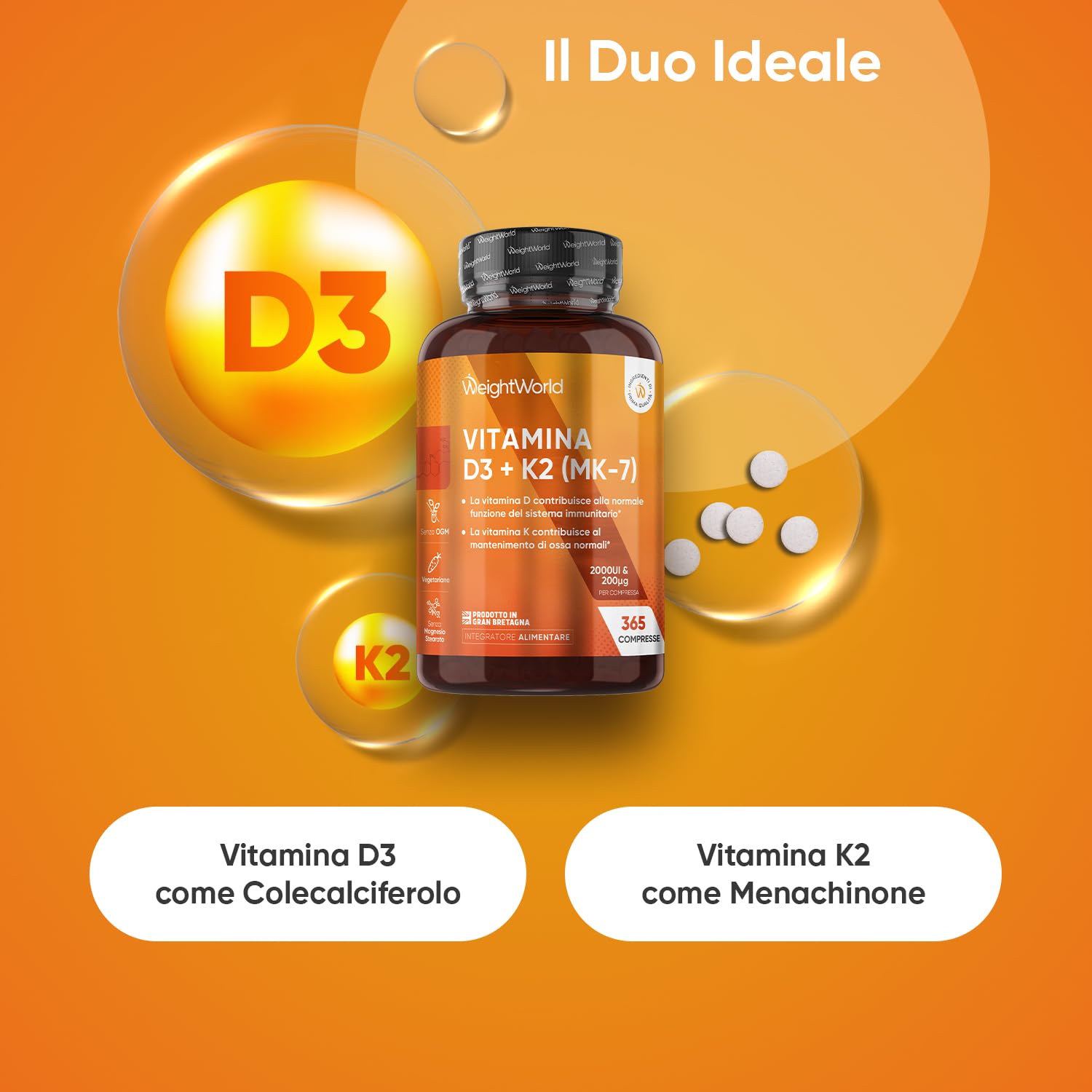 Vitamina B Complex e Vitamina D3 K2 Bundle,365 + 365 Compresse, con Biotina, Acido Folico, Riboflavina e Inositolo, Vit D3 e K2, 2000UI Colecalciferolo e 200μg Menachinone, Senza Magnesio Stearato