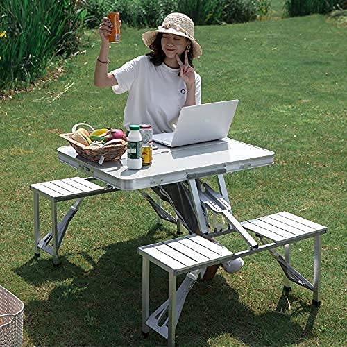 Image of Foldable Picnic Dining Table Set Portable Outdoor Folding Table with Integrated Seats Compact Camping, Garden, BBQ & Travel Dining Table Set Lightweight Carry Handle Design