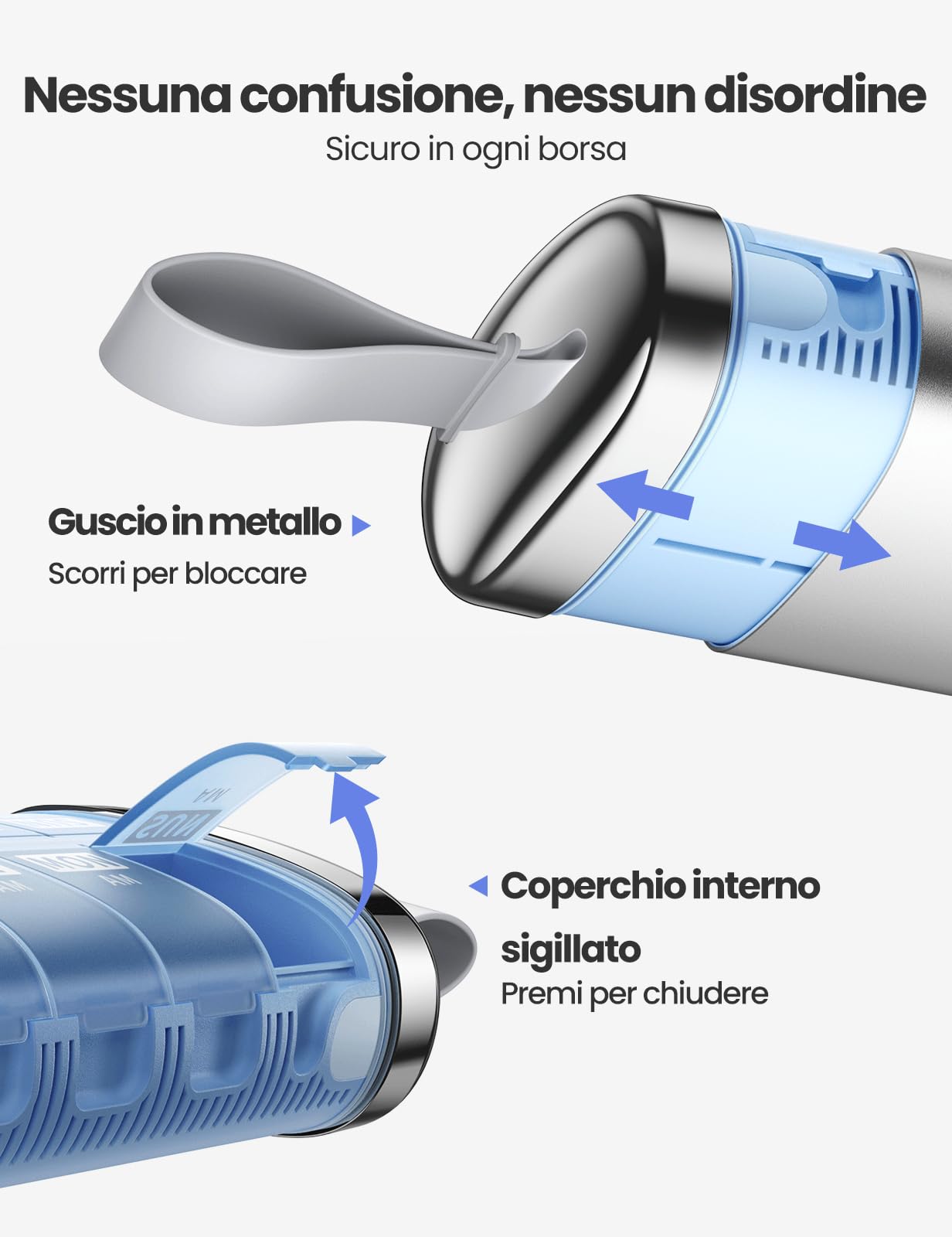 VAYDEER Portapillole AM PM 7 Giorni con Essiccante, Argento | Scomparti mattina e sera per sette giorni; la custodia compatta protegge e organizza pillole e integratori.