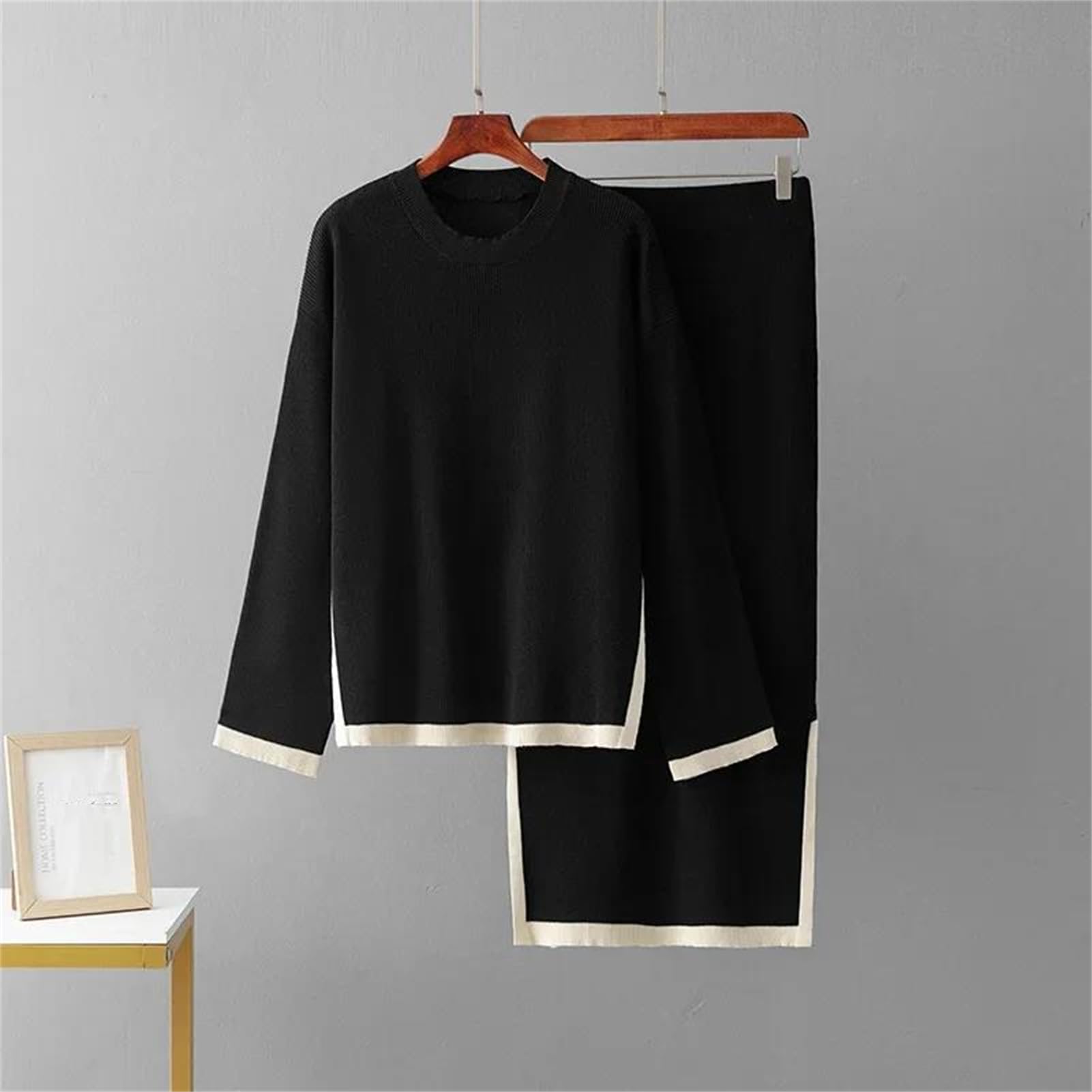 Vogrtcc Conjunto de dos piezas para mujer, suéter de manga larga con cuello redondo, falda dividida, casual, holgado, vestido largo