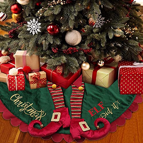 Christmas Tree Skirt 48 Inch,Large Embroidered Elf Padding Tree Collar With Striped Legs And Ripple Trim Border,Xmas Elf Themed Decoration,Christmas Tree Mat, Holiday Party Christmas Tree Decorations #TOP1
