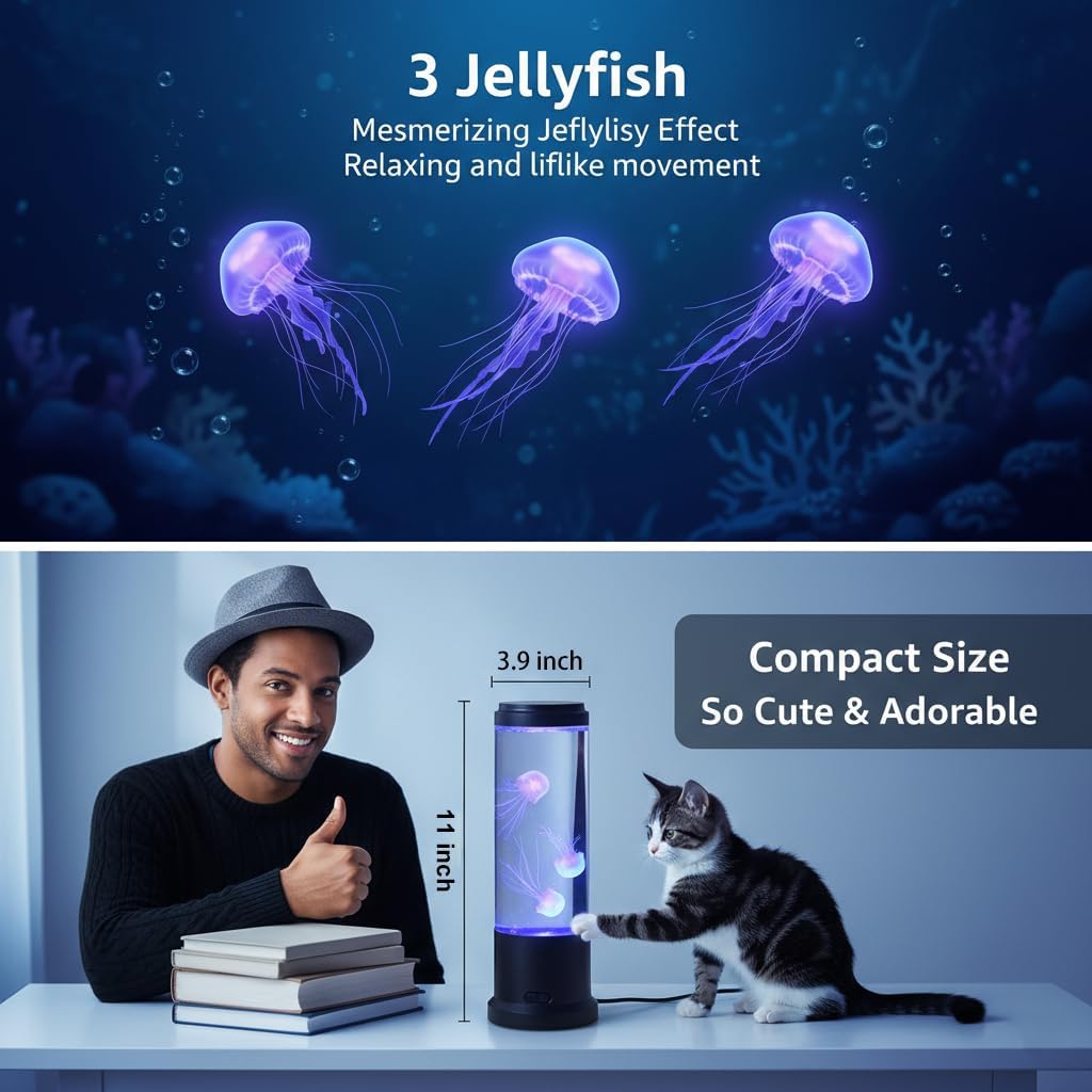 Meloki 11 inch Jellyfish Lamp, LED Jelly Fish Light Lamp, Color Changing Jellyfish Tank Table Lamp Decorations for Home Office Decor Great Gifts for Kids - Image 4