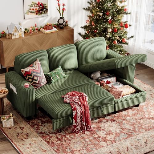 LINSY HOME Sectional Sleeper Sofa with Pull Out Couch Bed Convertible Plush Corduroy Cloud Couch with Storage Chaise & USB Charging, Comfy L Shaped Modular Couches for Living Room Apartment (Green)