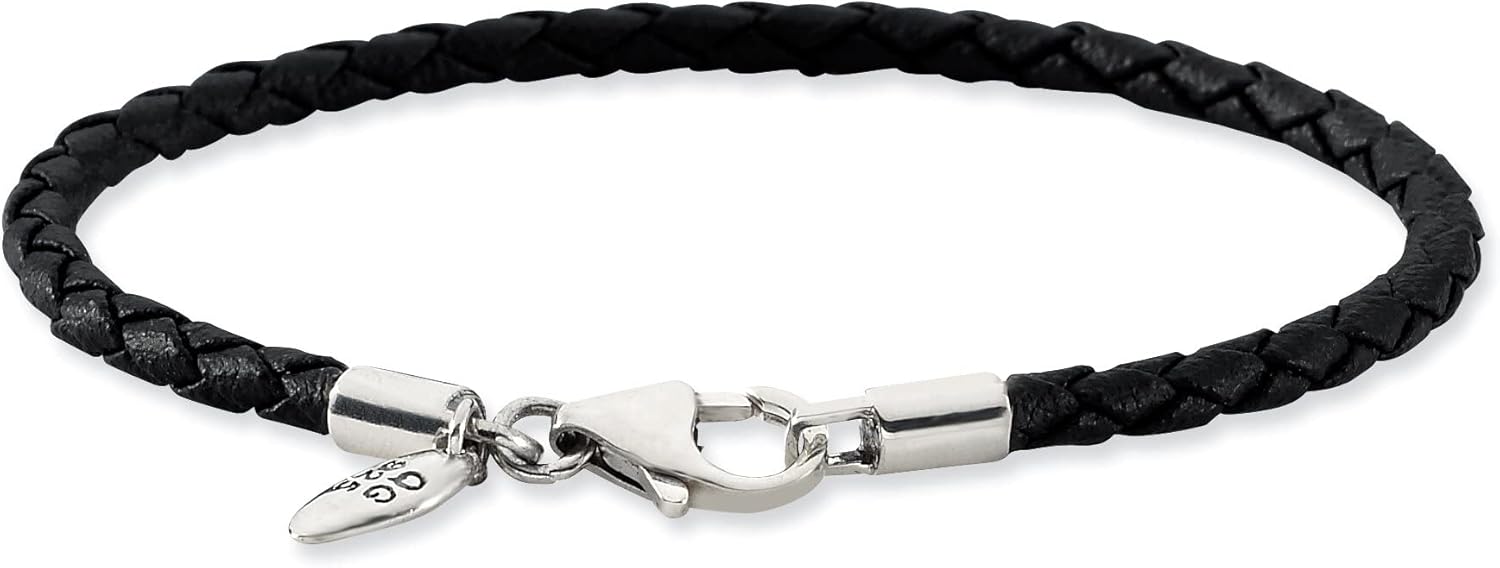 FindingKing SimStars Reflections Sterling Silver Black Leather Bead Bracelet 7 3/4"