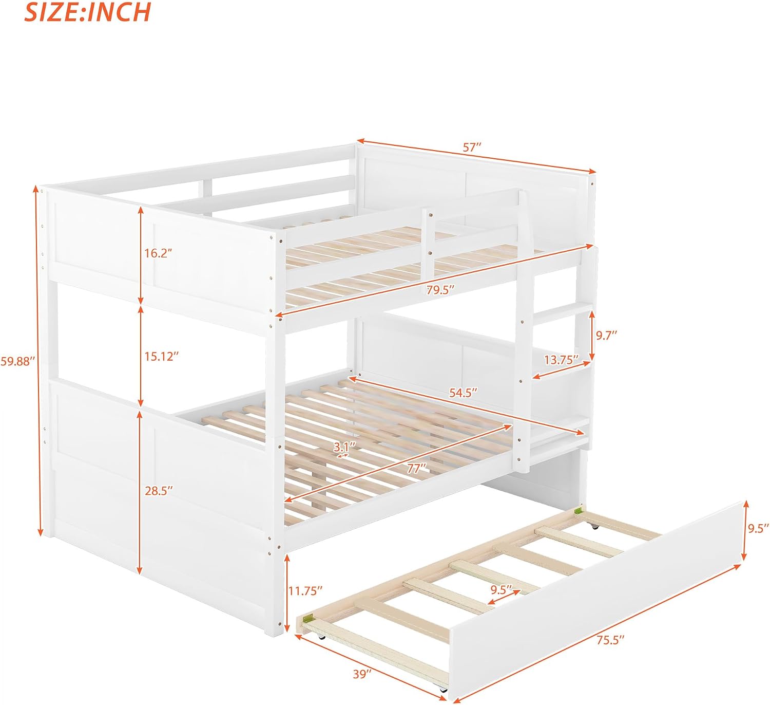 Bellemave Bunk beds Full Over Full with Twin Size Trundle, Low bunk Bed for Kids Adults and Teenagers，White
