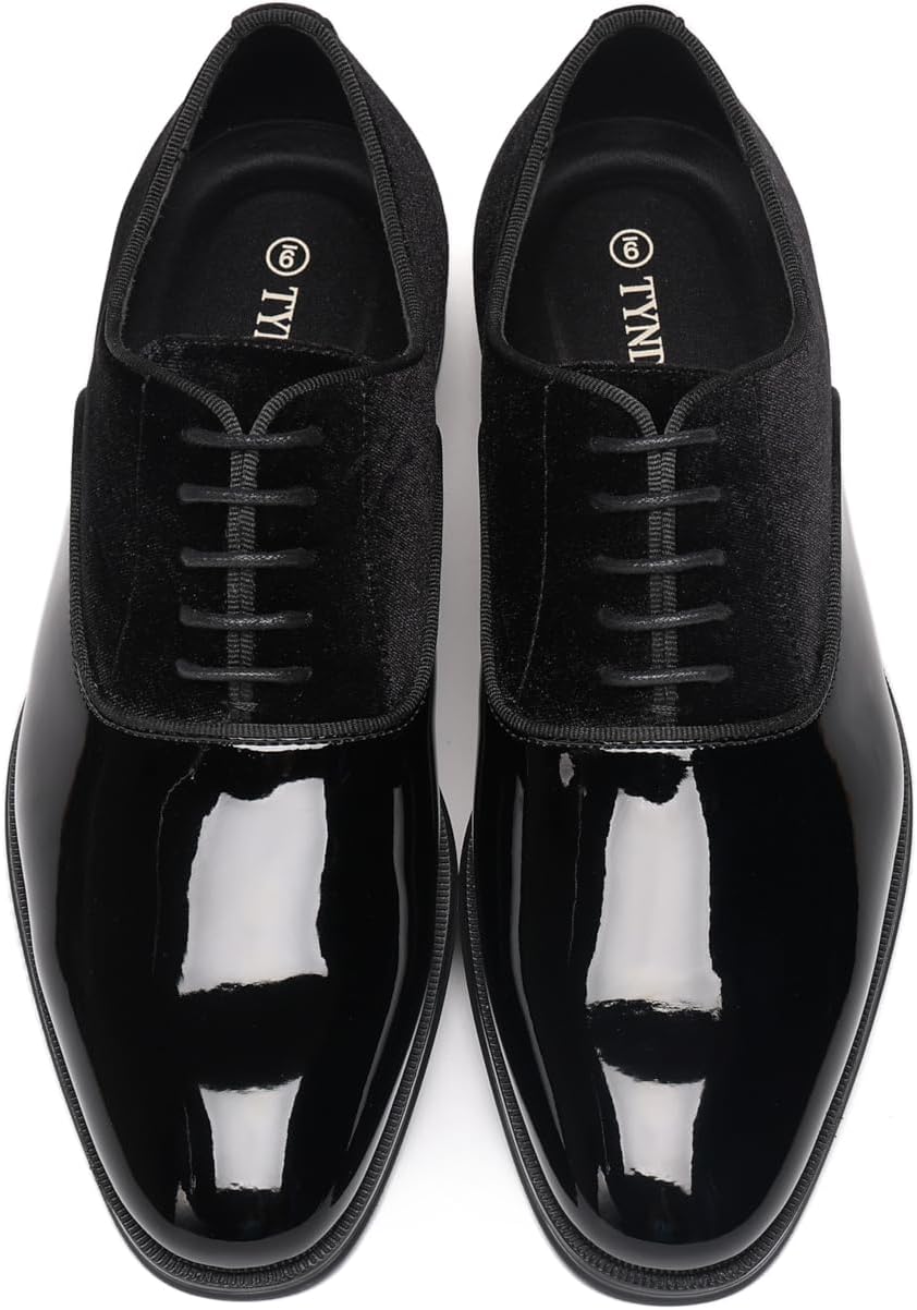 TYNDALL Mens Oxford Classic Faux Patent Leather Lace-up Tuxedo Dress Shoes Black Use for Business Wedding Formal Dinners Church Services Theatre Performance