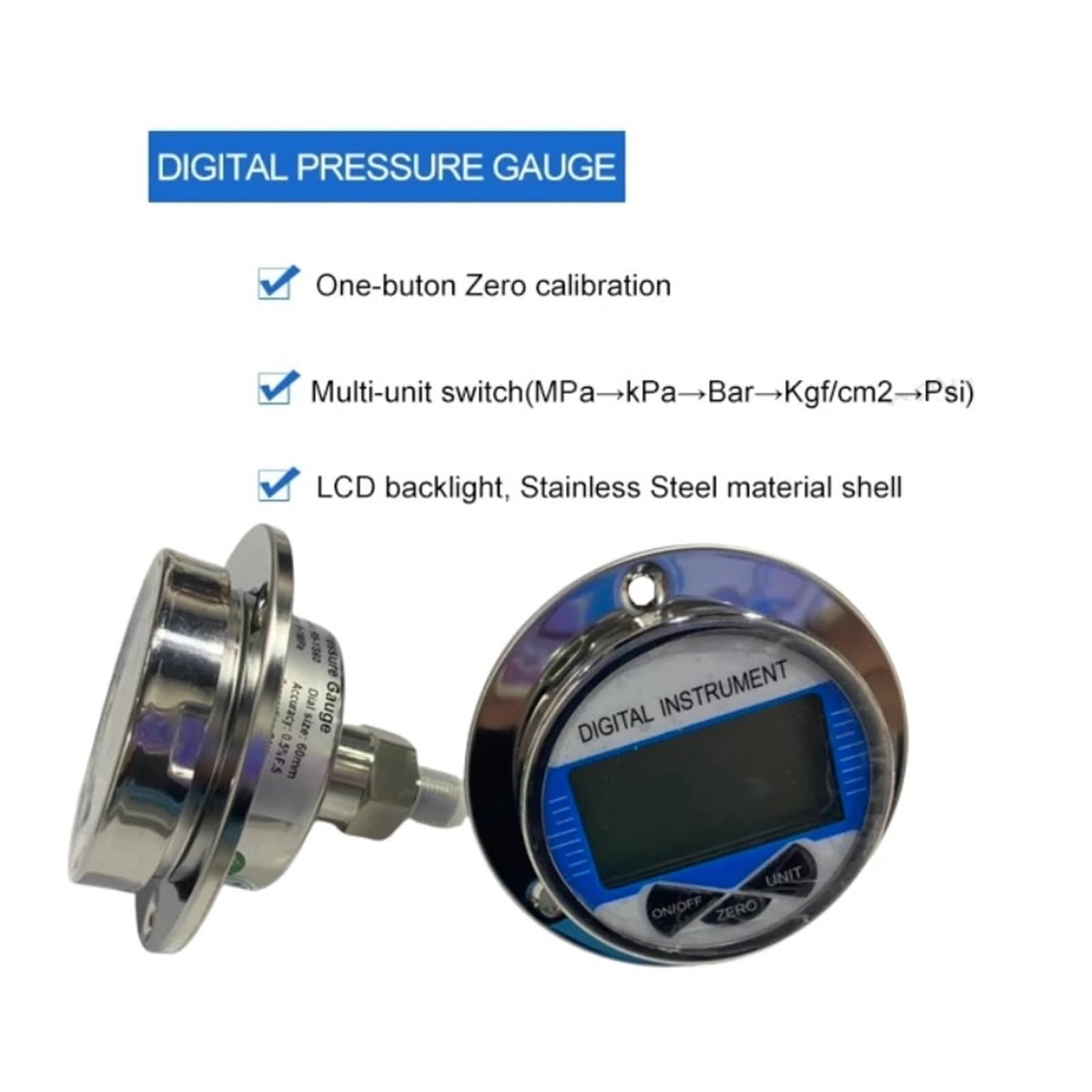 digital Manometer hydraulik 0-1000bar Hydraulisches Vakuum-Digitaldruckmessgerät Axial G 1/4 Stecker Öl Luft Wasser Druckmessgerät 4'' Manometer(0-60Mpa)