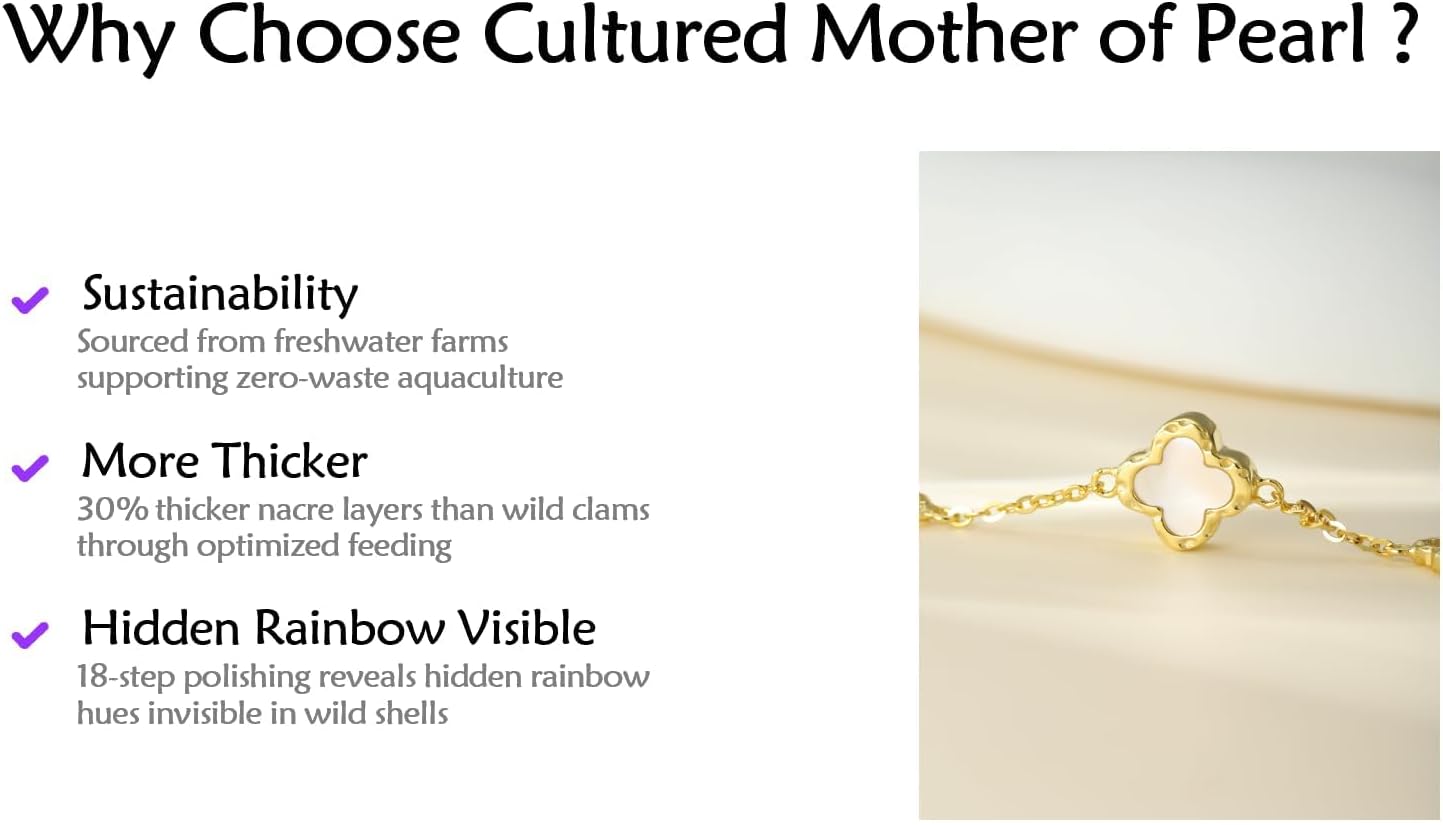 Sterling Silver 14K Gold-Plated Clover Bracelet with Mother of Pearl Four-Leaf Charm, Good Luck Gift for Women - Image 8