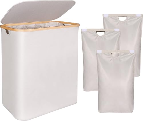 Cesta de lavandería de 140 litros con tapa, cesta de lavandería extra grande con 3 forros extraíbles (3 compartimentos), soporta hasta una semana de