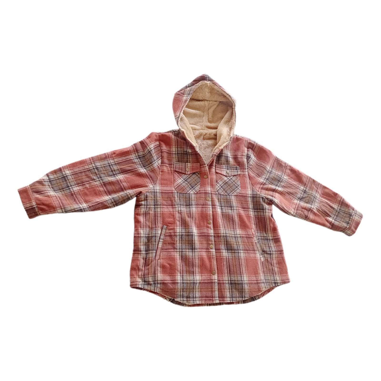 Generisch Damska koszula flanelowa z wzorem w kratkę i kapturem, ciepła kurtka z podszewką polarową z kieszeniami, przytulna bluzka zimowa w stylu Lumberjack