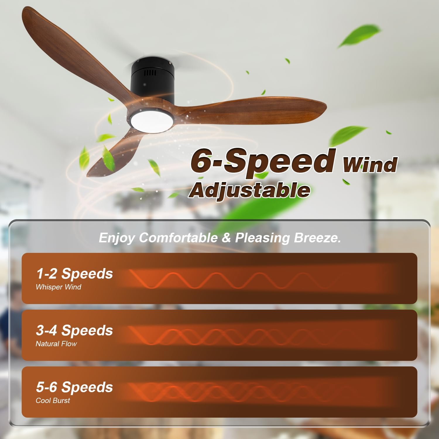 VACILL Wood Flush Mount Ceiling Fan with Light and Remote, 52 inch Low Profile Wooden Fan with 3 Blades, 6 Speed, LED Dimmable, Reversible DC Motor (Dark Brown, Wood)