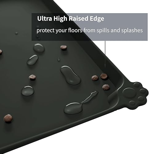 Vista 244 de Tapete impermeable para comida de perros y gatos con bordes elevados altos, pesados y gruesos, tapete de silicona libre de bisfenol A, para prevenir
