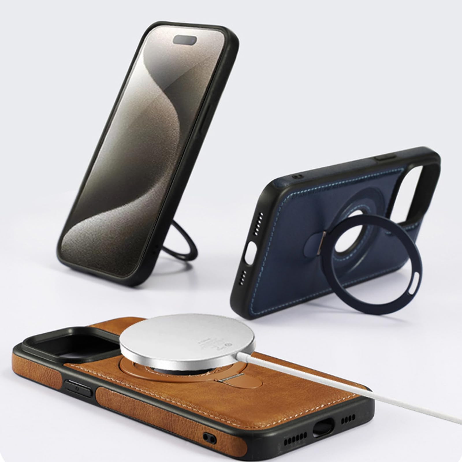 Braun,16 Pro, Lederhülle Für iPhone 16 Pro Max/16 Pro/16 Plus/16, Unterstützt Drahtloses Aufladen Schutzhülle Mit Ring Ständer Fall Case Logo View