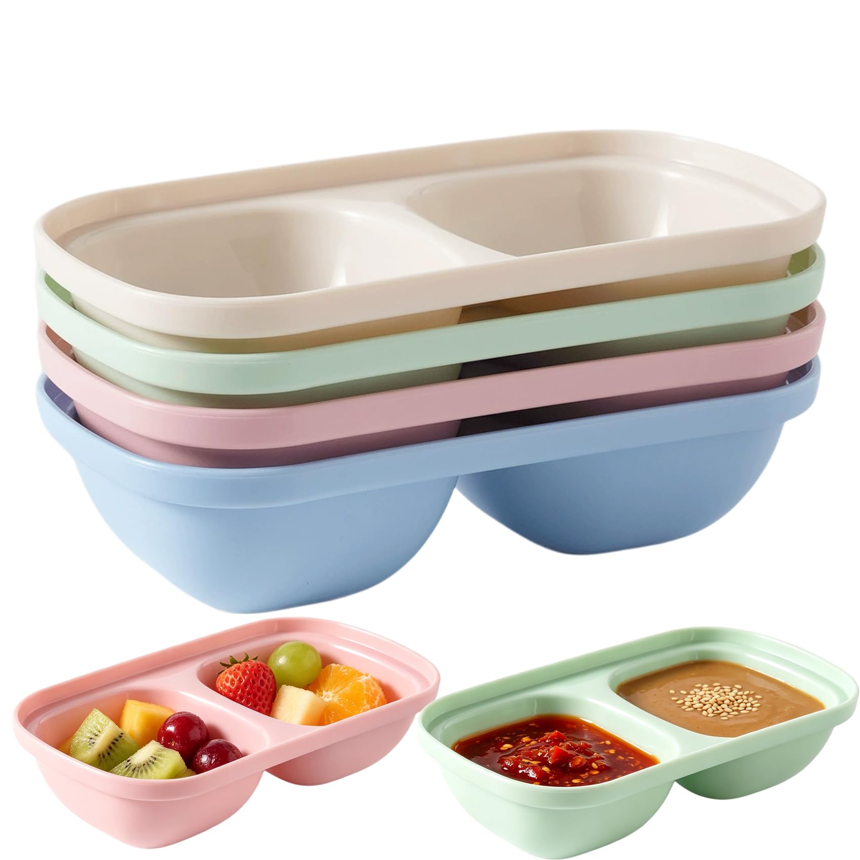 2 Compartment Plastic Dipping Bowls 4 Pack BPA Free Condiment Sauce Dishes