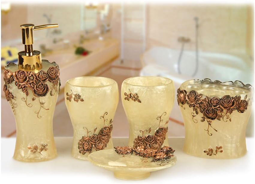 YIYIDABathroom Set of 5pcs Carved Flowers Soap Dish, Tooth Brush Holder, Soap Dispenser, Rinse Cup Bathroom Accessory Set