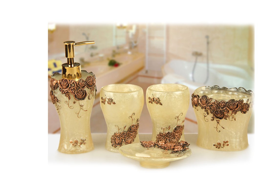 YIYIDABathroom Set of 5pcs Carved Flowers Soap Dish, Tooth Brush Holder, Soap Dispenser, Rinse Cup Bathroom Accessory Set