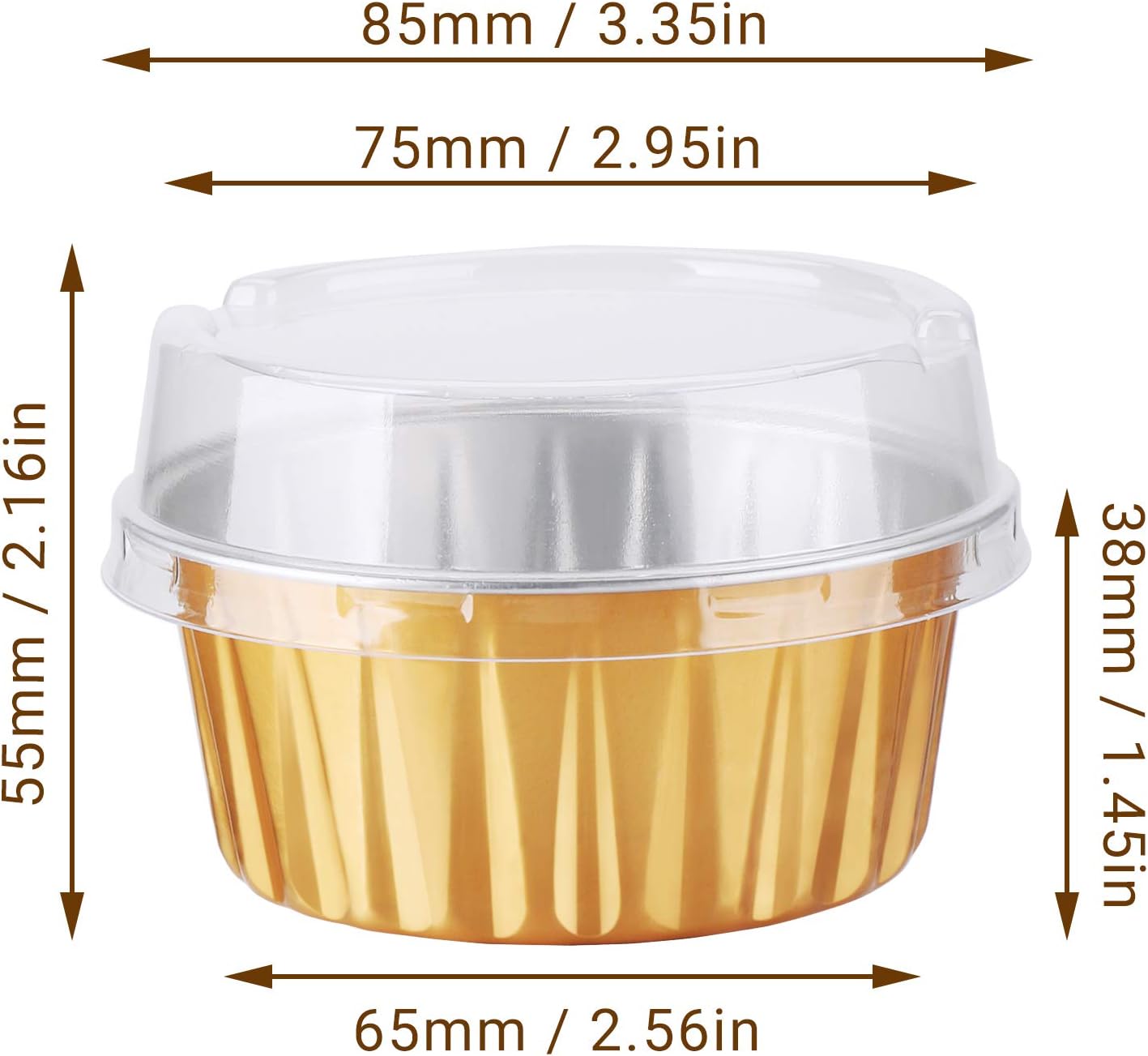 EUSOAR Disposable Ramekins and Cupcake Boxes, Gold 50pcs 5oz Mini Aluminium Foil Baking Cups with Lids, 50pcs 9.4" x 6.2" x 3.0" Food Grade Kraft Muffin Cupcake Box Carrie