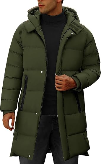 HEEKPEK Mens Hood Puffy Quilted Jacket Winter Warm Long Puffer Coat Windproof Full Zip Thicken Outerwear with 4 Pockets