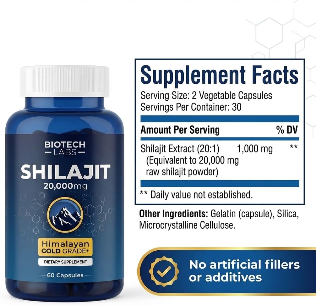 Biotech Labs Shilajit 20,000mg – Gold Grade Himalayan Extract | High Fulvic Acid, 85+ Trace Minerals | Energy, Vitality & Testosterone Support | Men’s Wellness & Performance | 60 Capsules