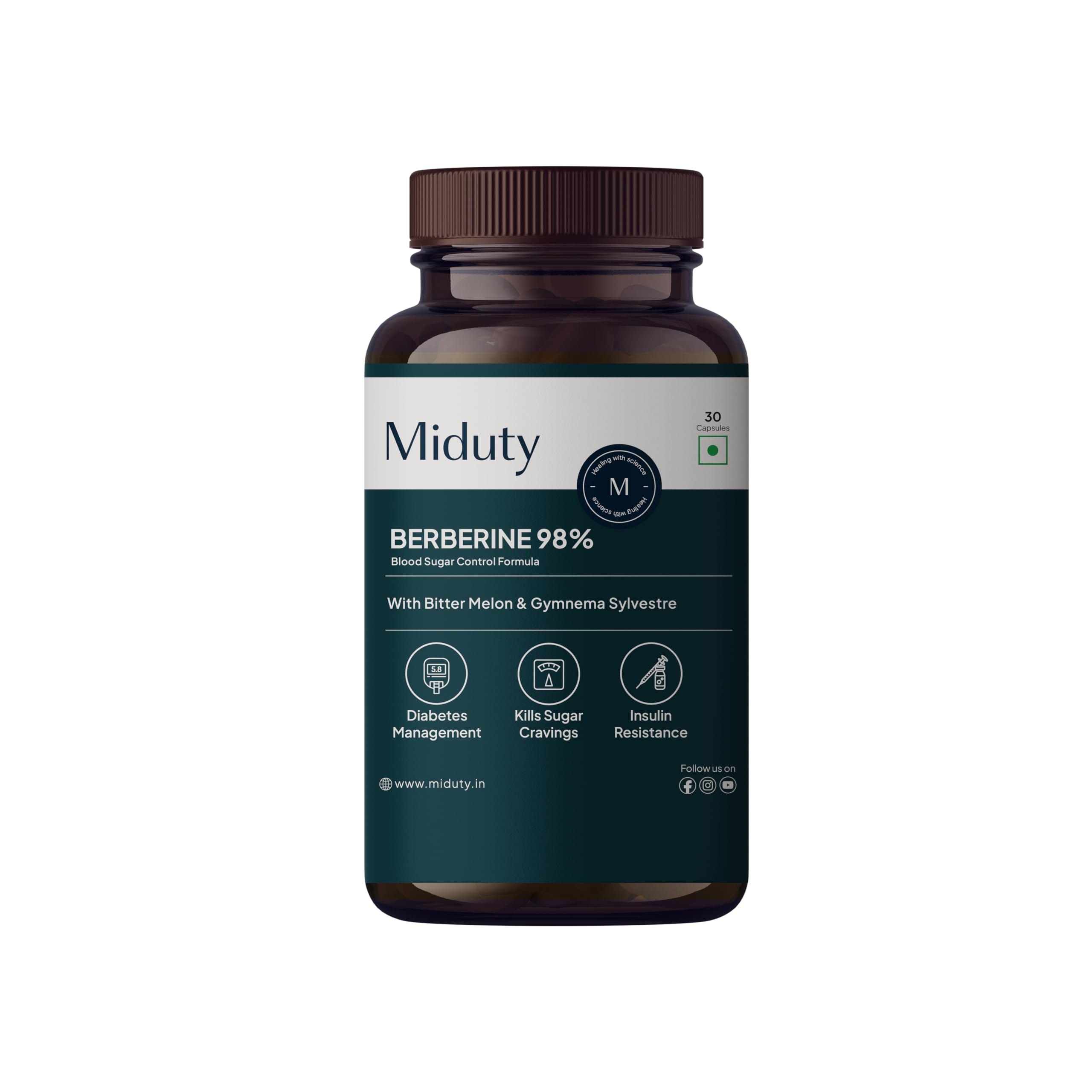 Miduty High Strength Berberine HCL 98% Triple Benefits of Blood Sugar Control, Vitamins, Minerals - Diabetic and Pre-Diabetic Care - Stop Sugar Cravings - Lower Blood Sugar levels - 30 Capsules