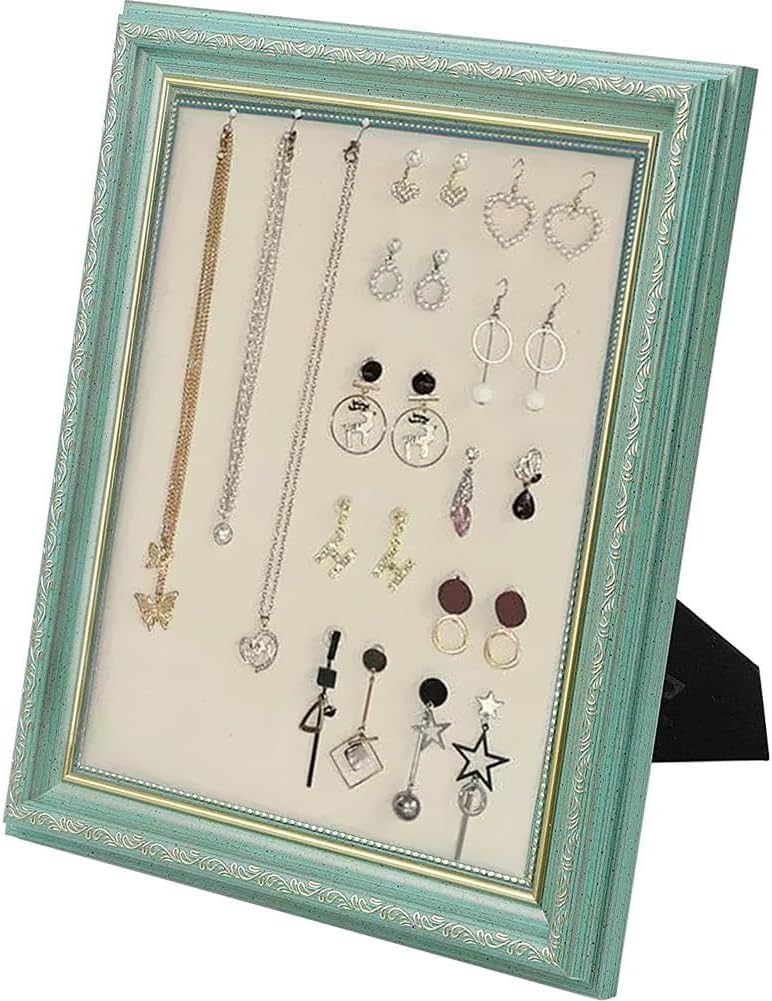 Earrings Display Holder with 40PCS Pins Wooden Picture Frame Stand Linen Pad Vintage Jewelry Display Organizer for Necklace Bracelet Gift for Women Mom