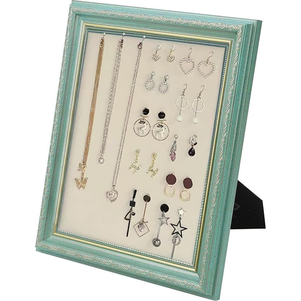 EHERDM Earrings Display Holder with 40PCS Pins Wooden Picture Frame Stand Linen Pad Vintage Jewelry Display Organizer for Necklace Bracelet Gift for Women Mom