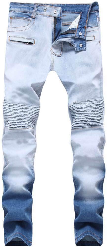 DANT BULUN Men's Ripped Slim Straight Fit Moto Biker Jeans with Zipper Deco (W32, Light Blue02)