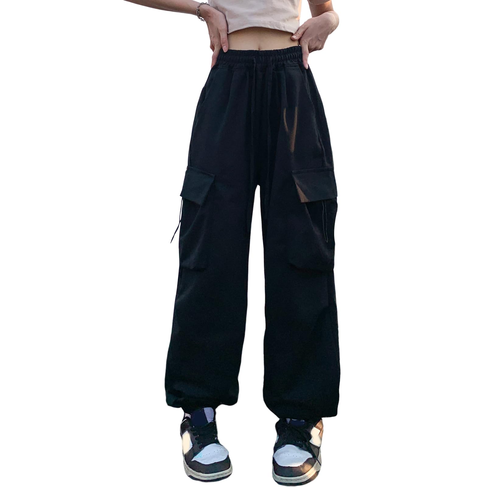 Linsennia Weite Cargohose Damen Sommer Entspannte Passform Y2k Parachute Pants High Waist Freizeithose Teenager Mädchen