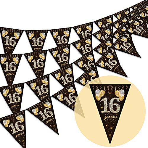 Wimpelkette & Folienballons Zum 16. Geburtstag – Schwarz-goldenes Deko-Set Mit 81 Cm Zahlenballons