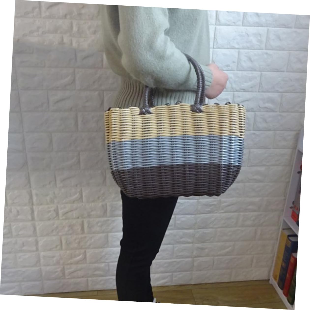 Panier à provisions en plastique avec poignée en plastique tissé Panier de transport Panier de plage Panier de rangement pour légumes, fruits, jouets, pique-, shopping en plein air