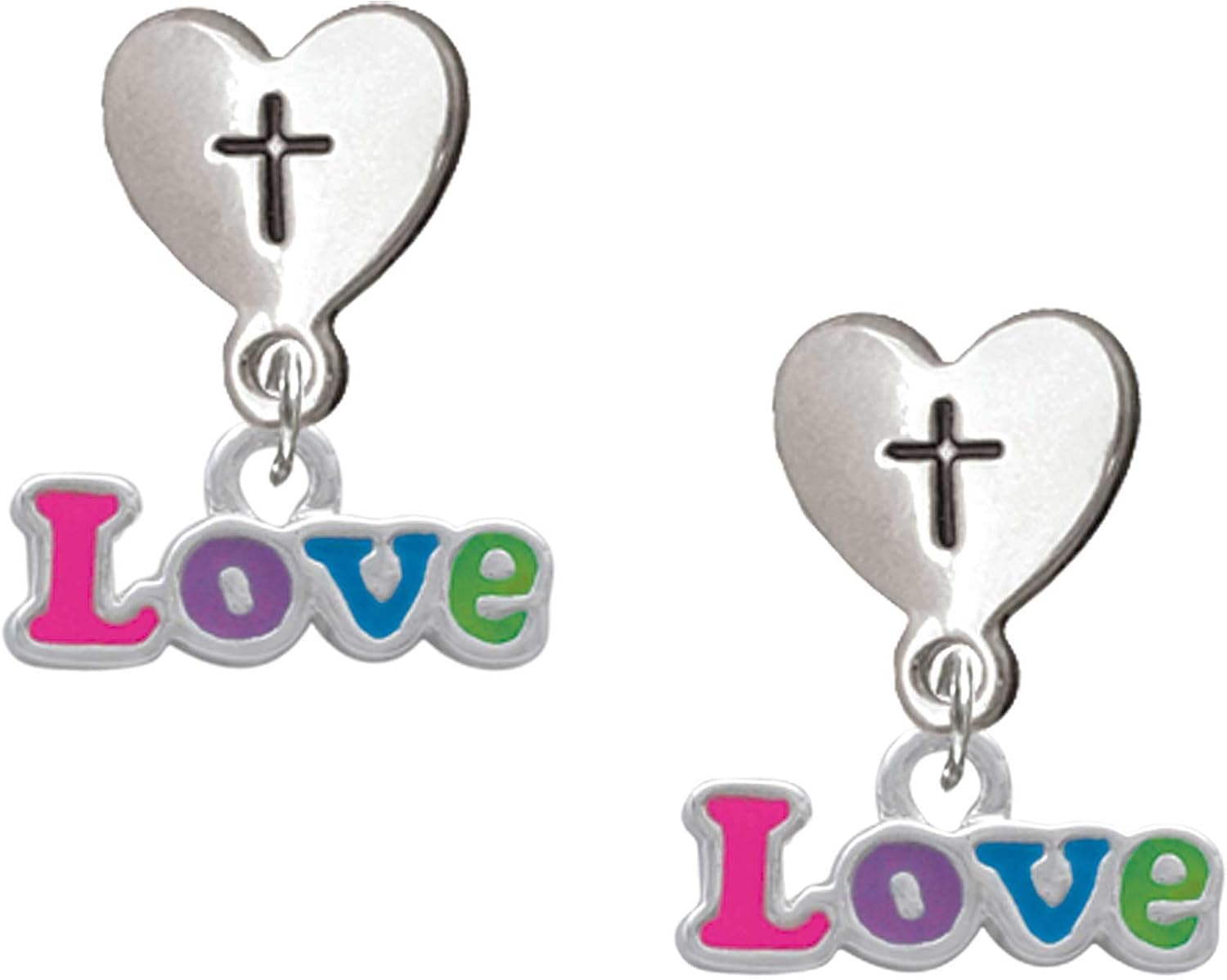 Delight Jewelry Rainbow Colored ''Love'' Silvertone Cross in Heart Post Dangle Earrings