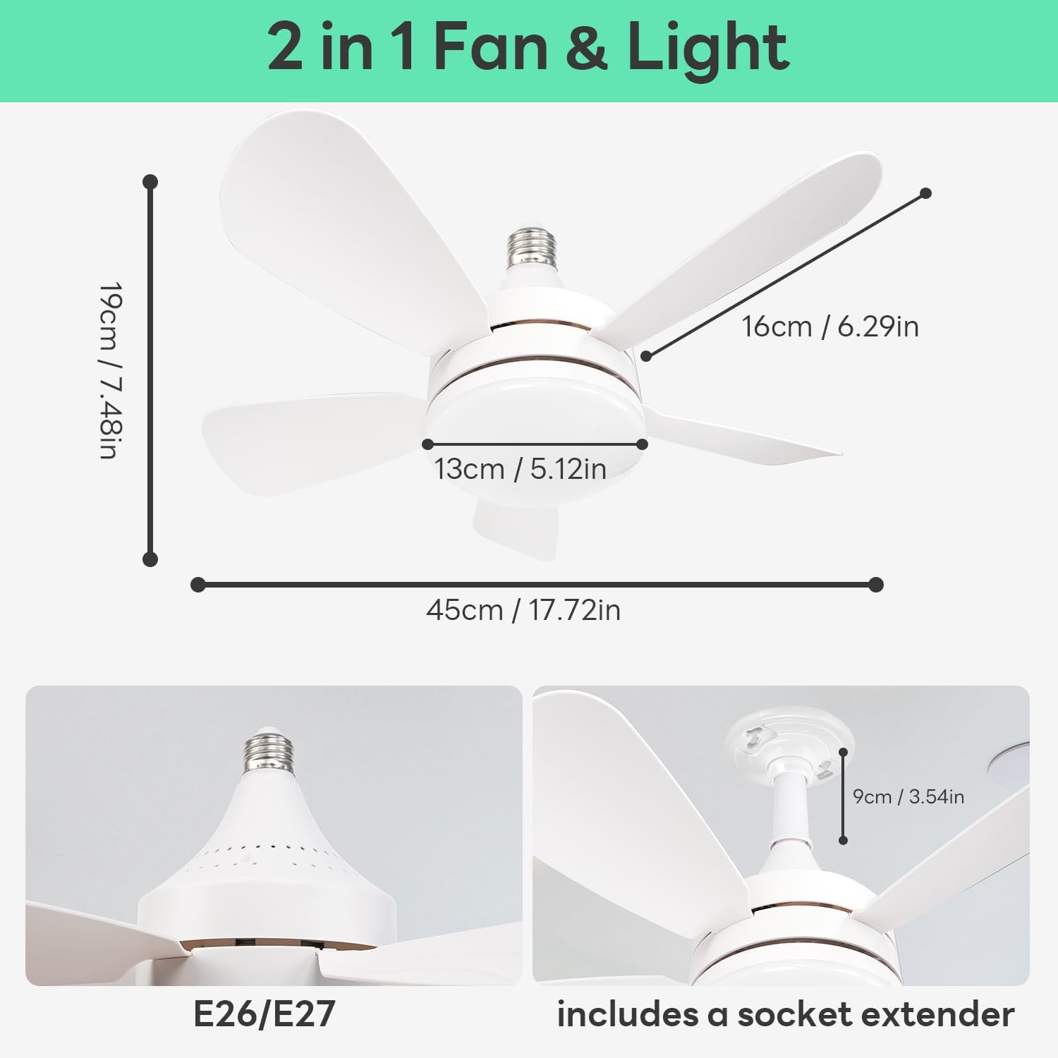 Socket Fan Light with Remote - 3-Speed Fan & Dimmable Light, 3000K-6500K Adjustable Color, 2000LM Brightness for Bedroom/Kitchen/Living Room