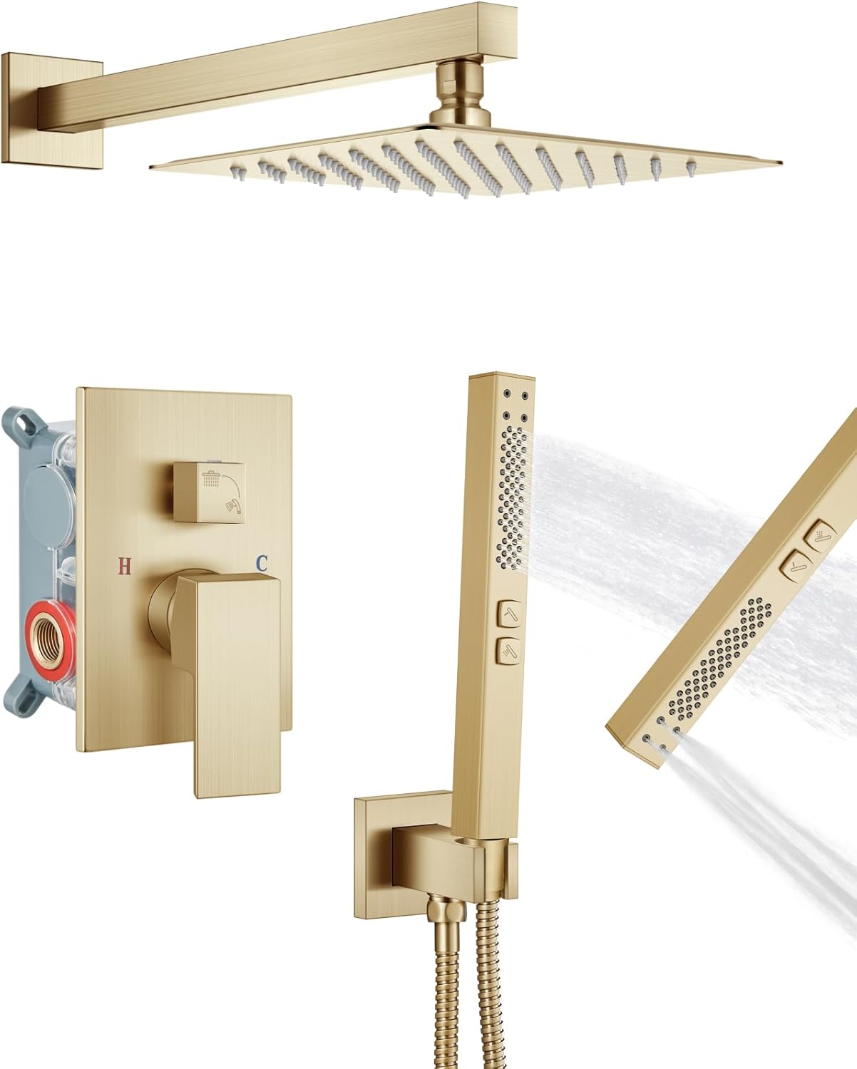 Shower Faucet Set Rainfall Shower System with Square Showerhead and Handle Set Fixture with 2 in 1 Function Handheld Sprayer Wall Mounted Trim Repair Kit Rough-in Valve 8 Inch Brushed Gold