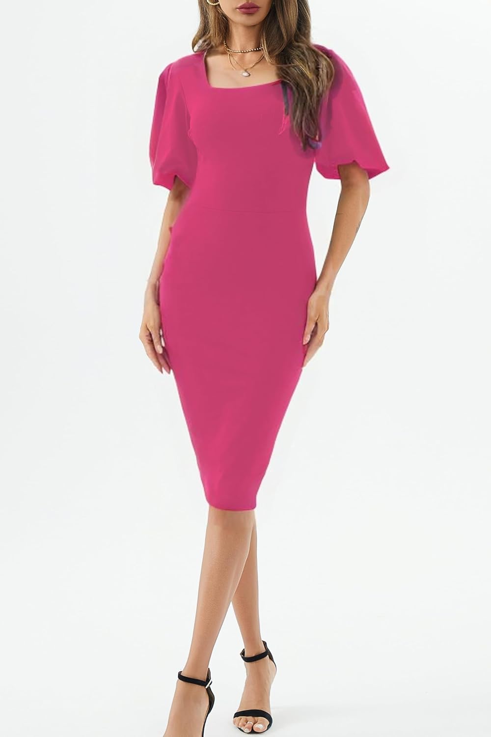 Womens Work Dresses Square Neck Lantern Sleeve Bodycon Cocktail Midi Dress - Image 5