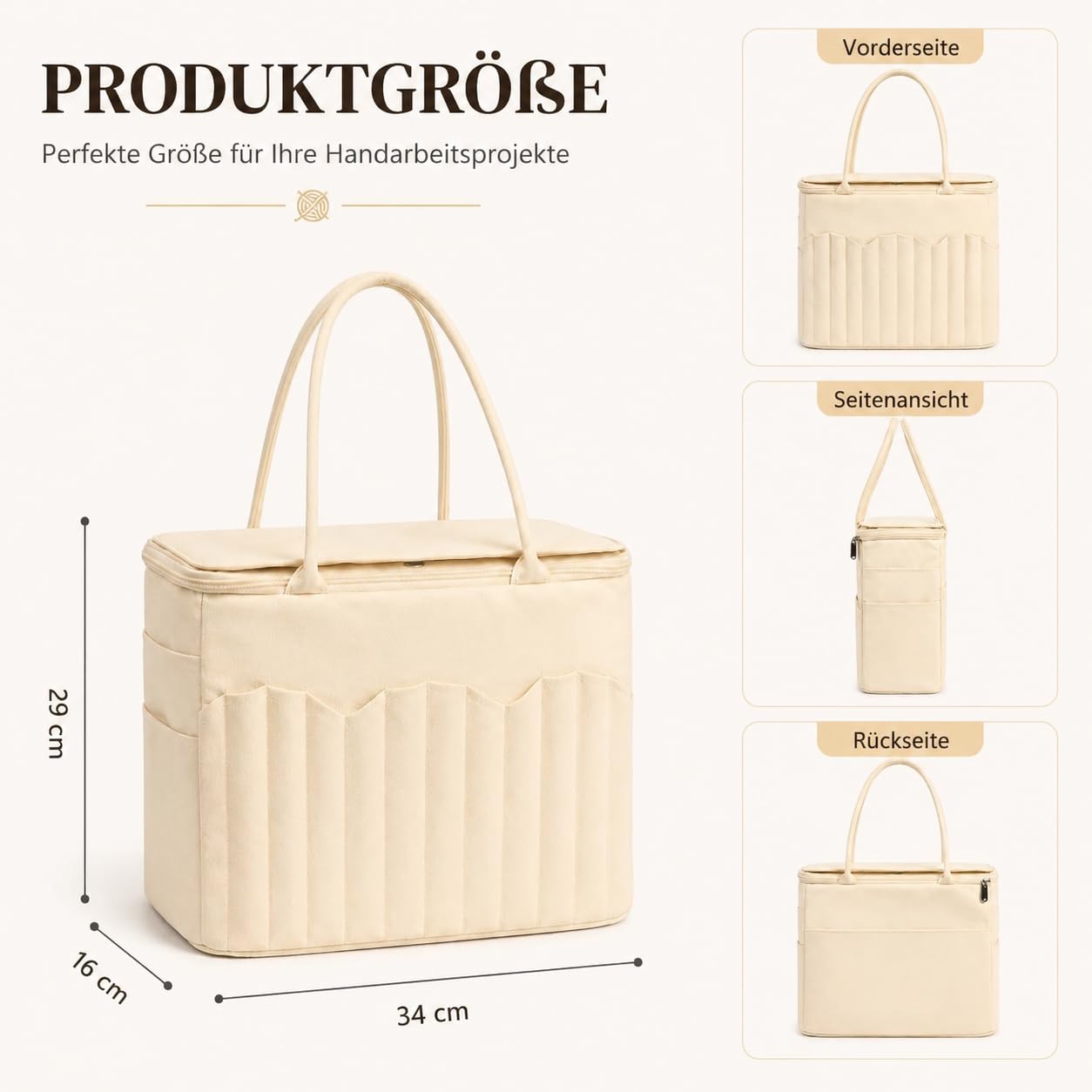Stricktasche für Garn und Häkeln, Handarbeits-Organizer mit Fächern，Militärgrün