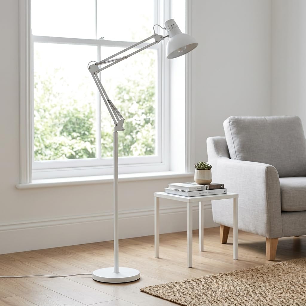 MAKA Lampada da Terra Moderna Piantana per Soggiorno Luce Lettura Orientabile Metallo Presa E27 Lampada da Ufficio Design Minimalista Illuminazione Interni Base Stabile 28x28x115cm 5kg (Bianco)