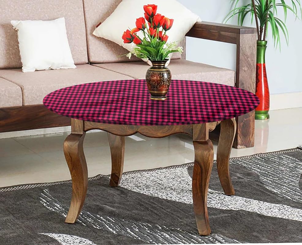 Image of The Furnishing Tree Round Elastic Fitted Center Tpoy Table Cover WxL 20x20 Inches Checkered Pattern Maroon