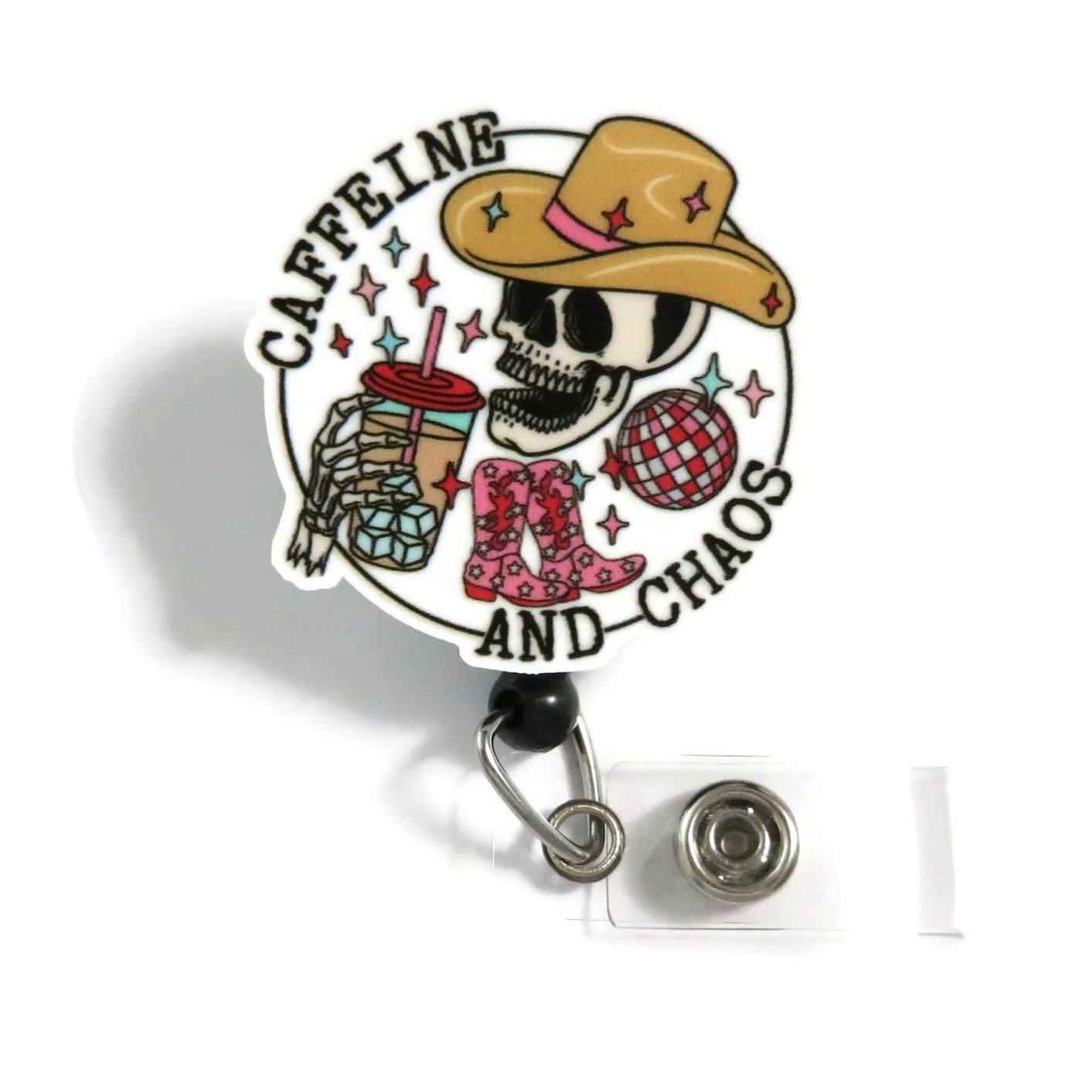 Caffeine And Chaos Badge Reel, Iced Coffee Cowgirl Badge Reel ID Holder, Student Nurse Badge Reel, Teacher Gifts, Iced Coffee Badge Clip, Skeleton Cowboy Badge Holder, Pediatric or Charge Nurse Badge