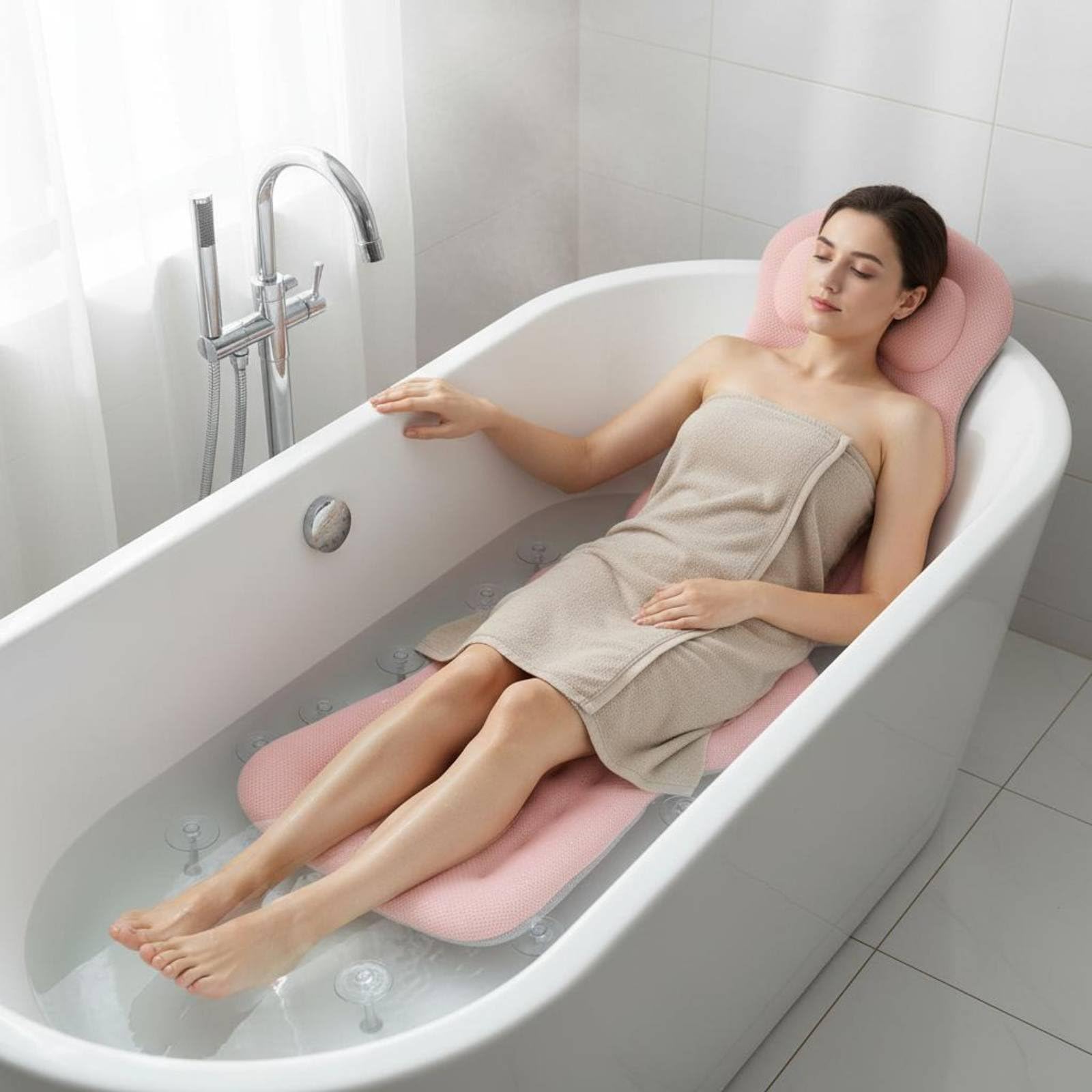 Cuscino da Bagno Ventose Antiscivolo per Testa Collo Spalle Materassino Corpo Ergonomico in Rete Traspirante Sensazione Morbida Adatto a Vasca da Bagno Relax, Nero
