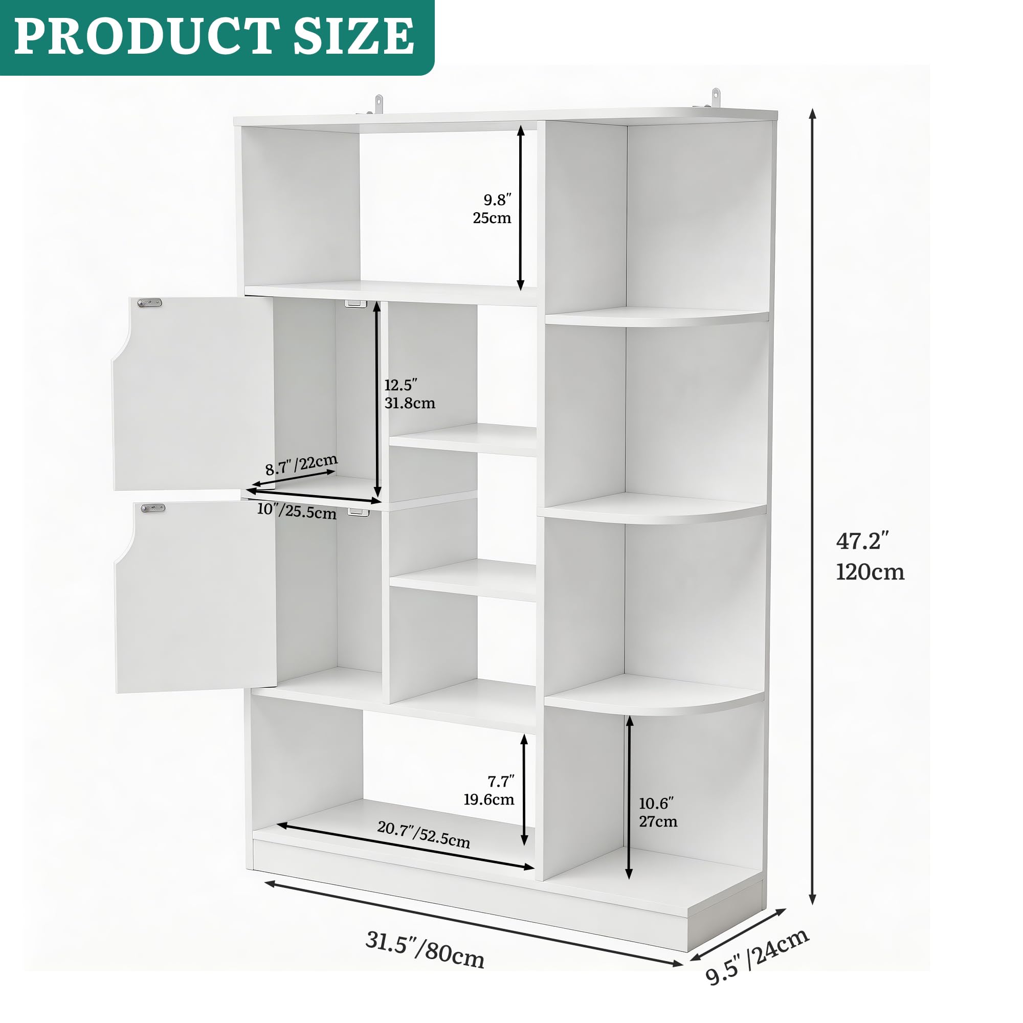 YITAHOME Librería Independiente con 9 estantes Abiertos y 2 Puertas (tapizada) para salón, Dormitorio u Oficina, Blanco, 80 × 24 × 120 cm (Ancho × Profundidad × Alto)