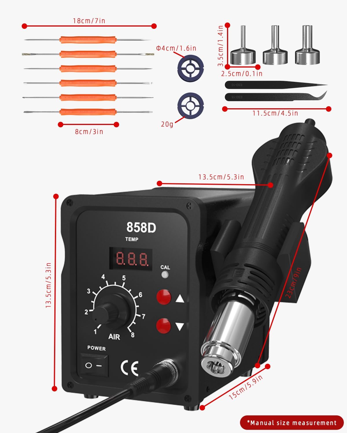 Stazione di saldatura ad aria calda 700W,858D Rework Station con Display LED 100-480°C,Stazione Saldante Aria Calda con 3 punte,2 rotoli di filo di saldatura,2 pinzette e un kit di strumenti.