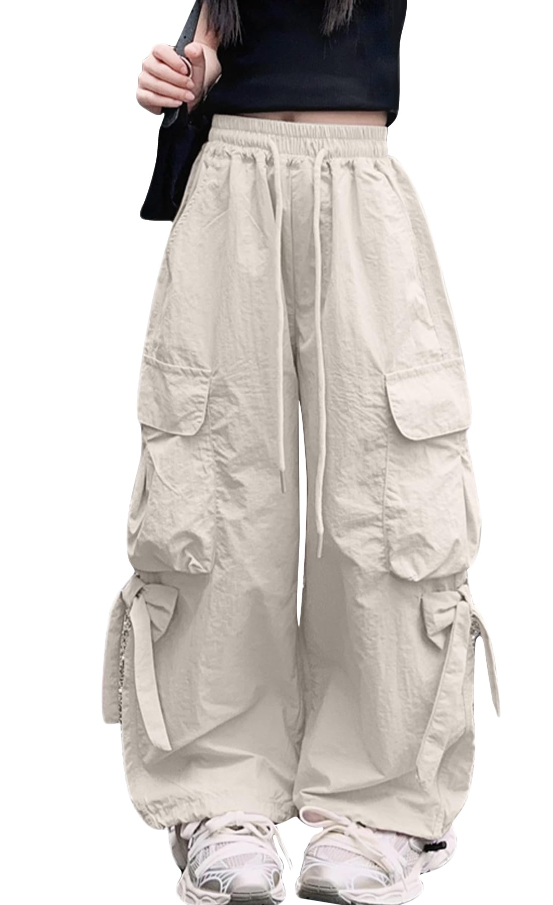 Maeau Pantalon Cargo Noeud Papillon Pantalon Jambe Large Baggy Pantalons Taille Élastique Haute pour Enfant Fille 5-14 Ans