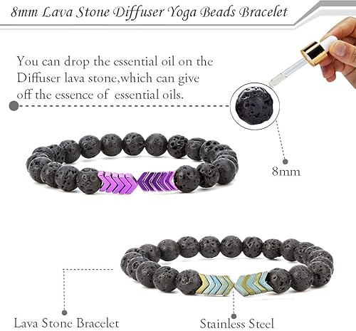 Miniatura 6 de SEVENSTONE - Pulsera de cuentas de piedra de lava de 516 in con difusor de flecha y piedra natural para yoga, juego de joyería elástica para mujeres
