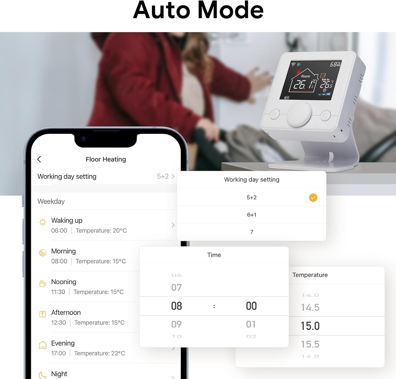 Smartphone screen showing the app interface for setting a 7-day heating program.