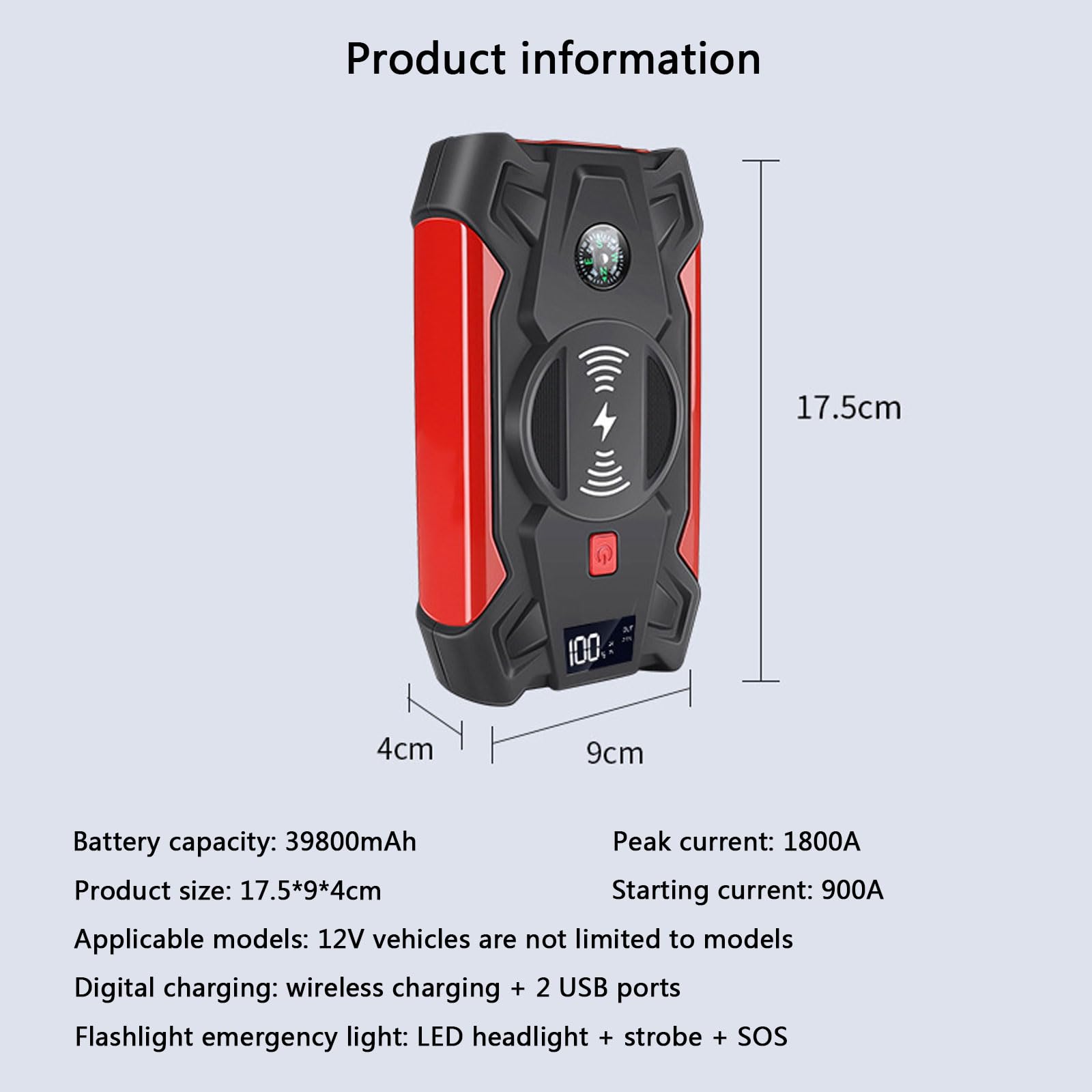Avviamento Emergenza Auto Car Jump Starter con Caricabatterie Wireless 12V Portatile 39800mAh Power Bank Alimentatore Emergenza per Auto